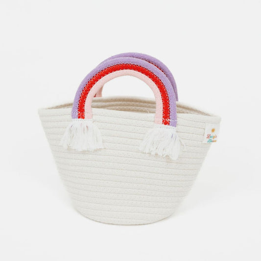 Red, purple, and pink rainbow rope basket with frilly clouds.