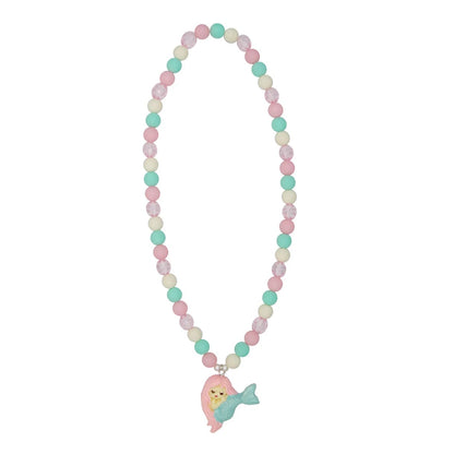 Mermaid necklace with pink, purple, teal, and white beads and a mermaid charm hanging at the bottom