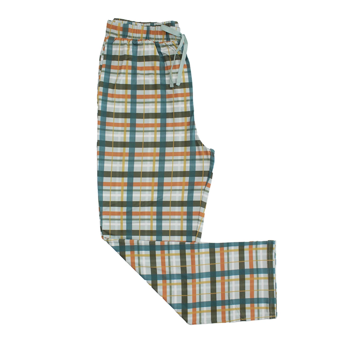 relaxed pajama pants with plaid print on white background.