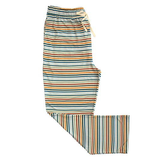 relaxed pajama pants with striped pattern on white background. 