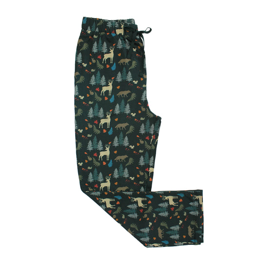 relaxed pajama pants with forest print on white background.