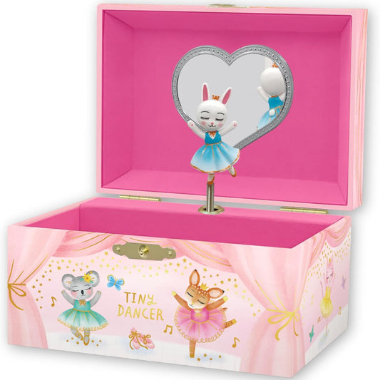a pink musical jewelry box that has a ballerina bunny in the middle that spins around.