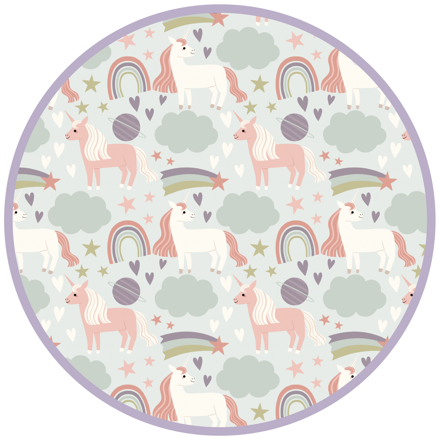 Circle of our Magical Unicorn Print featuring the realm of a unicorn! From rainbows and clouds to hearts and planets, theres a white unicorn with pink hair or a pink unicorn with white hair for every unicorn loving cutie!