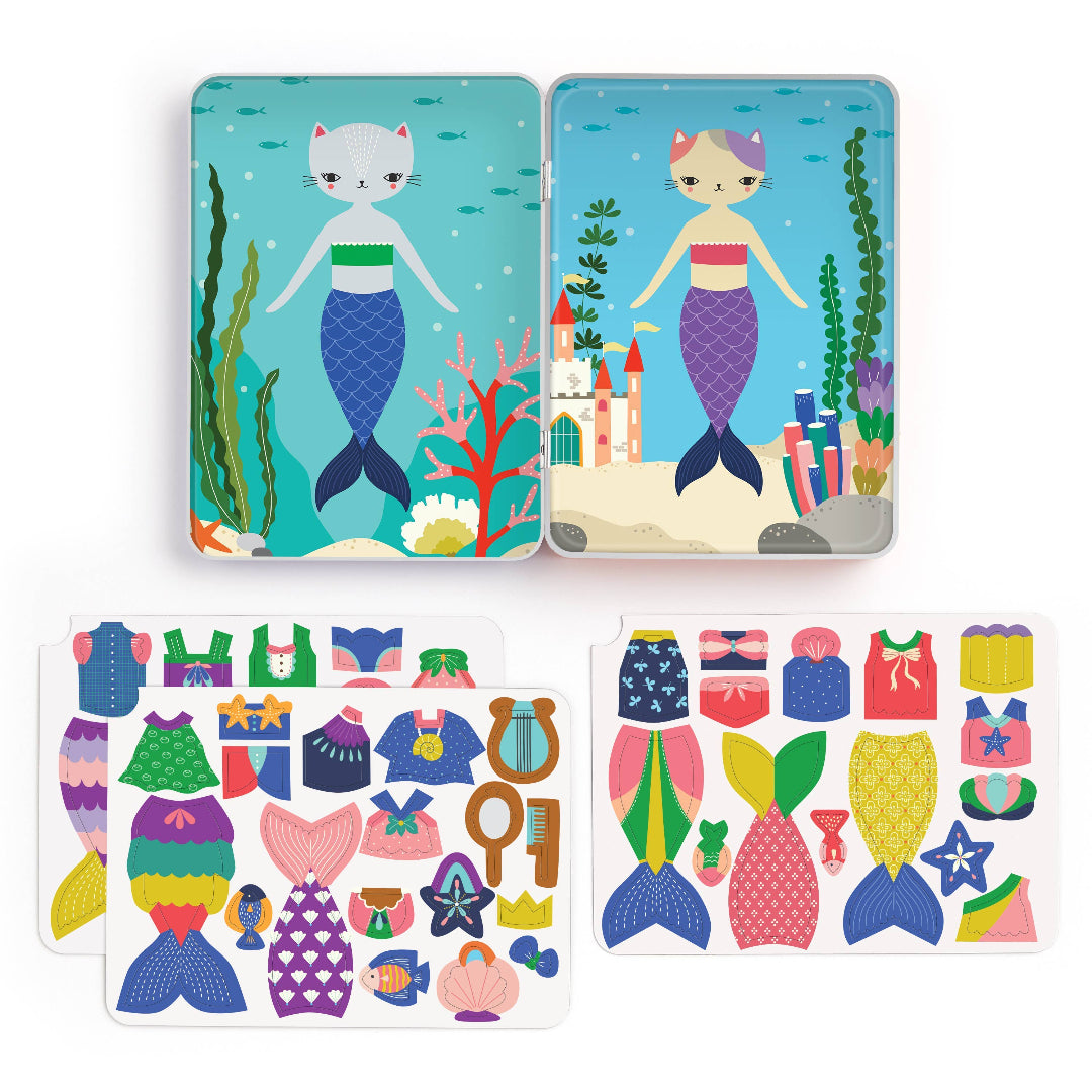 Set of mermaid-themed cards and stickers with colorful designs on a white background