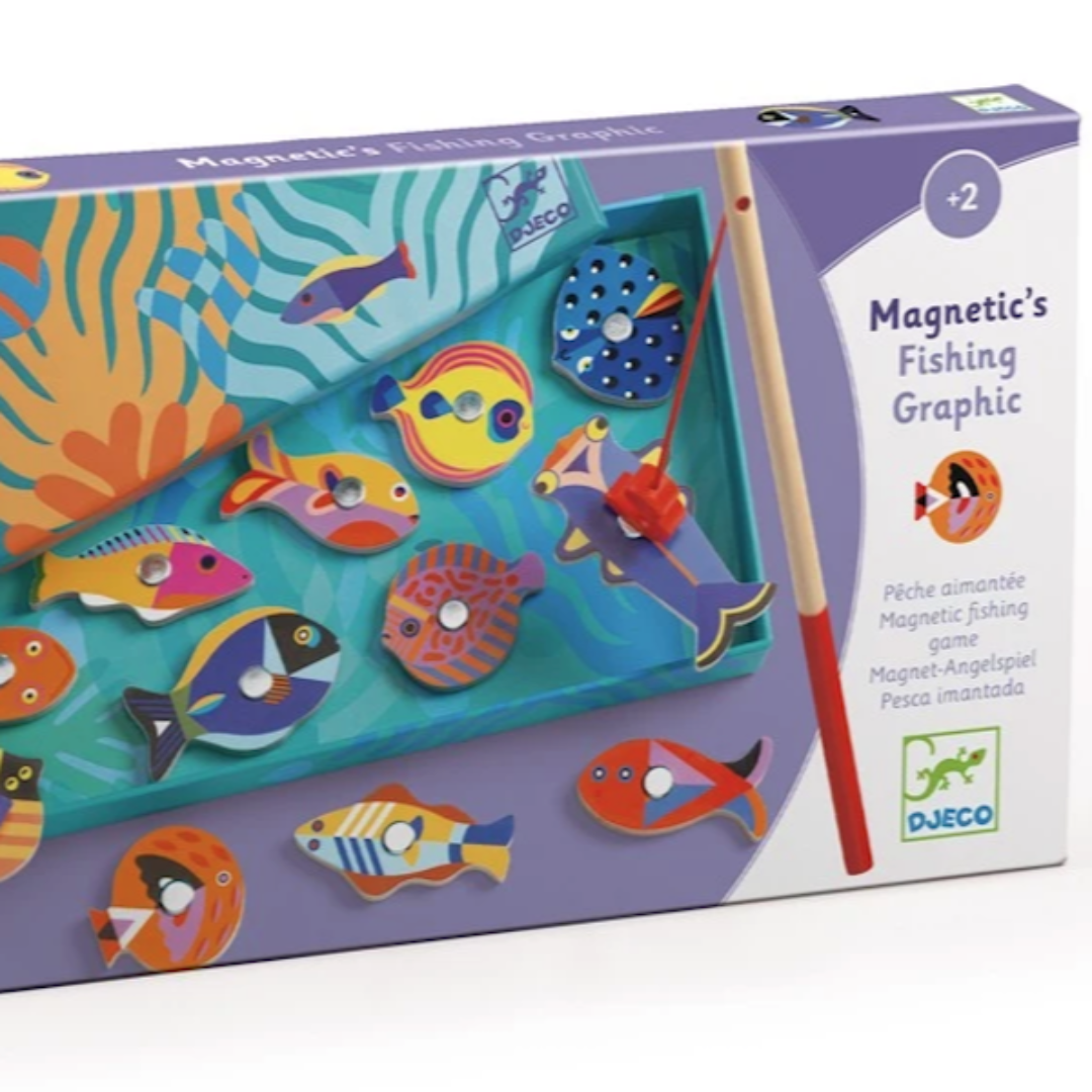 Box of magnetic fishing game with colorful fish and ocean-themed design