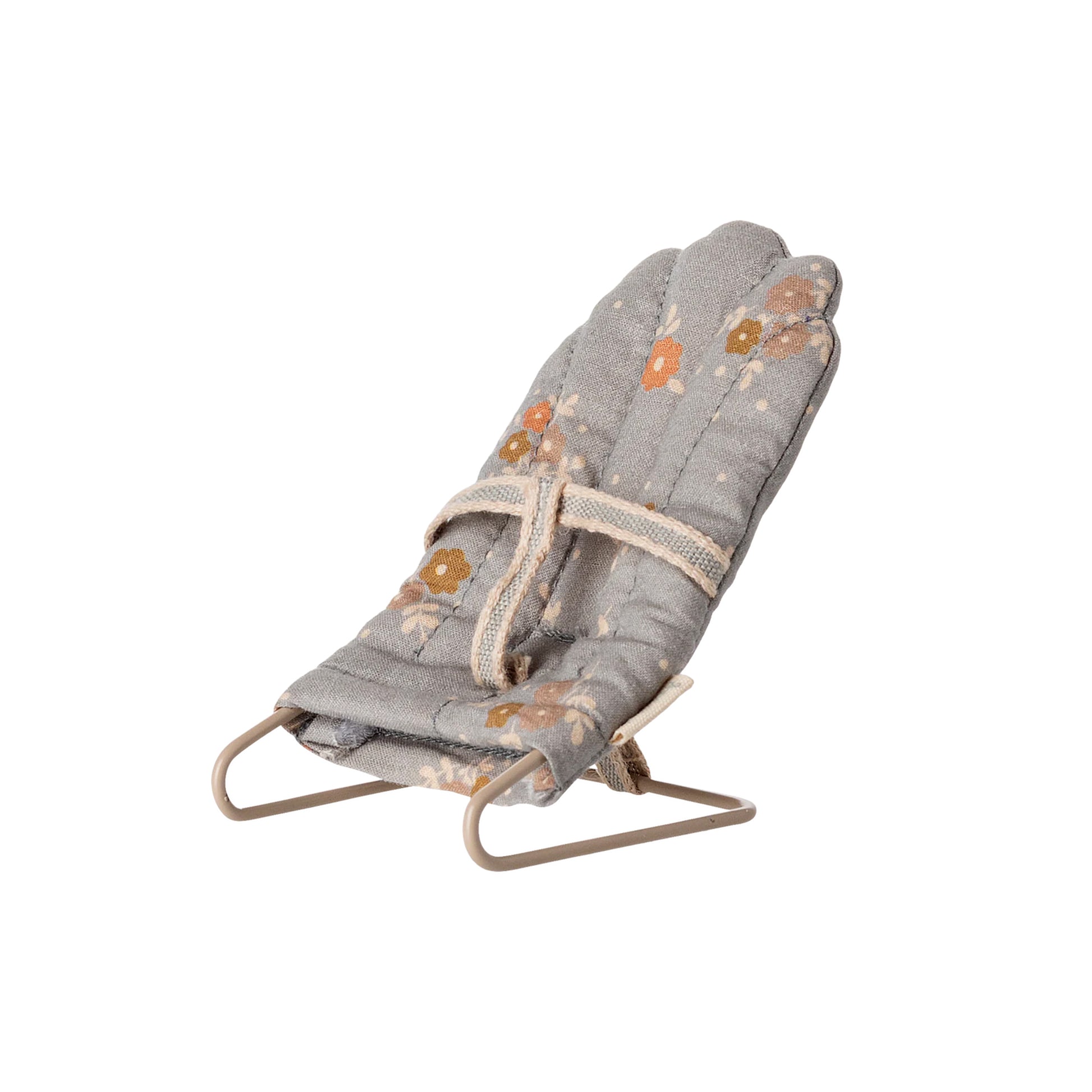 Gray baby bouncer with floral embroidery on a white background