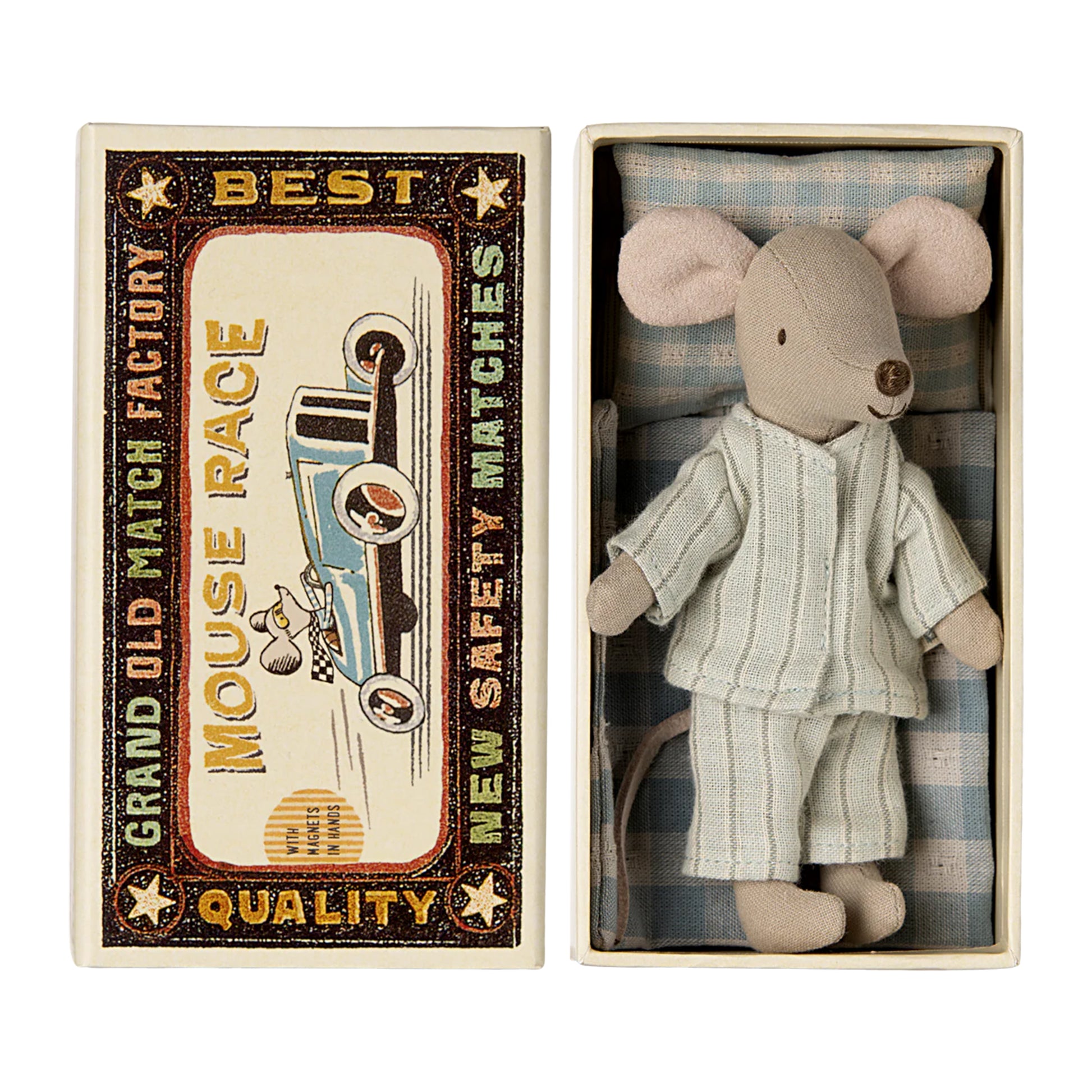 Stuffed mouse toy in a matchbox with a vintage-style label