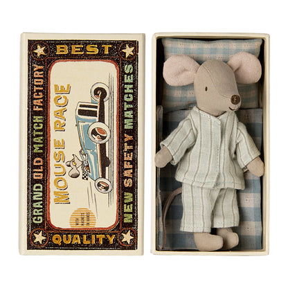 Stuffed mouse toy in a matchbox with a vintage-style label