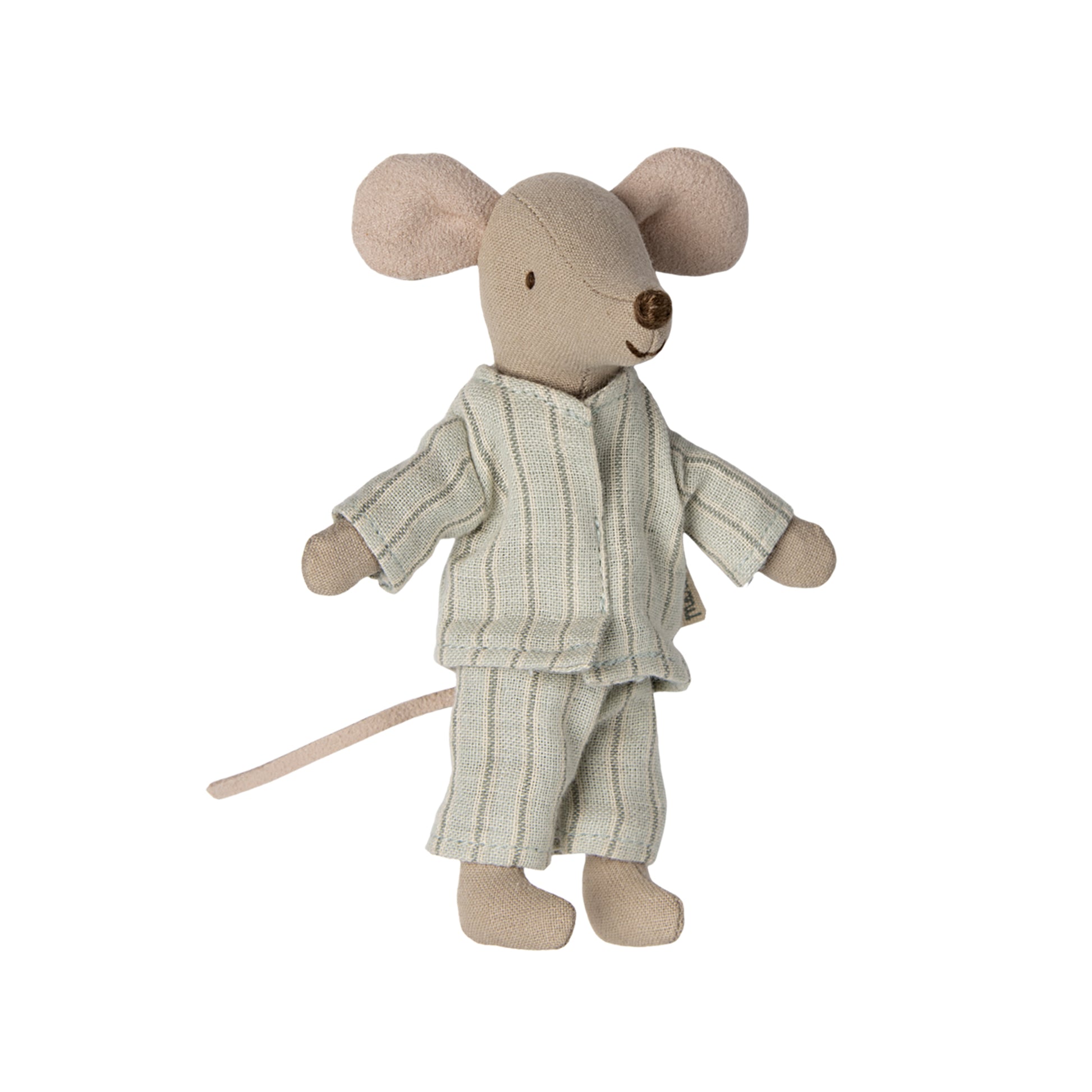 Stuffed mouse toy wearing a striped outfit on a white background