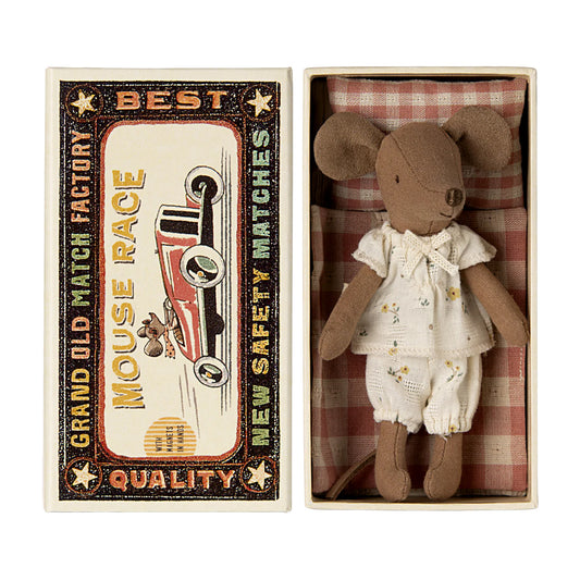 Stuffed mouse toy in a matchbox with decorative label