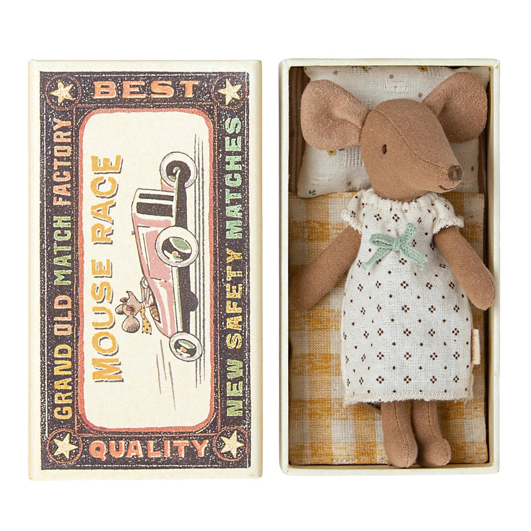 Stuffed mouse toy in a pretend matchbox box
