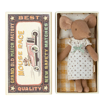 Stuffed mouse toy in a pretend matchbox box