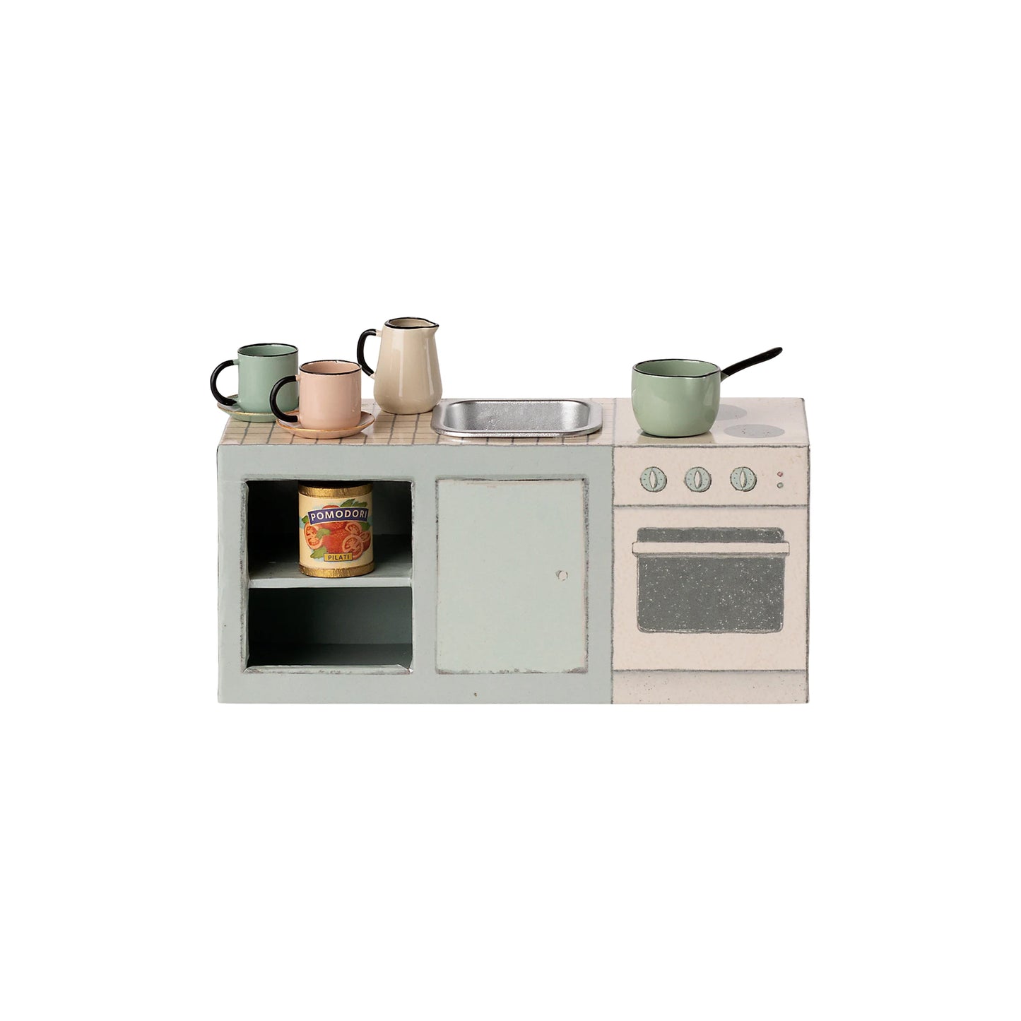 Children's play kitchen set with various utensils on a white background