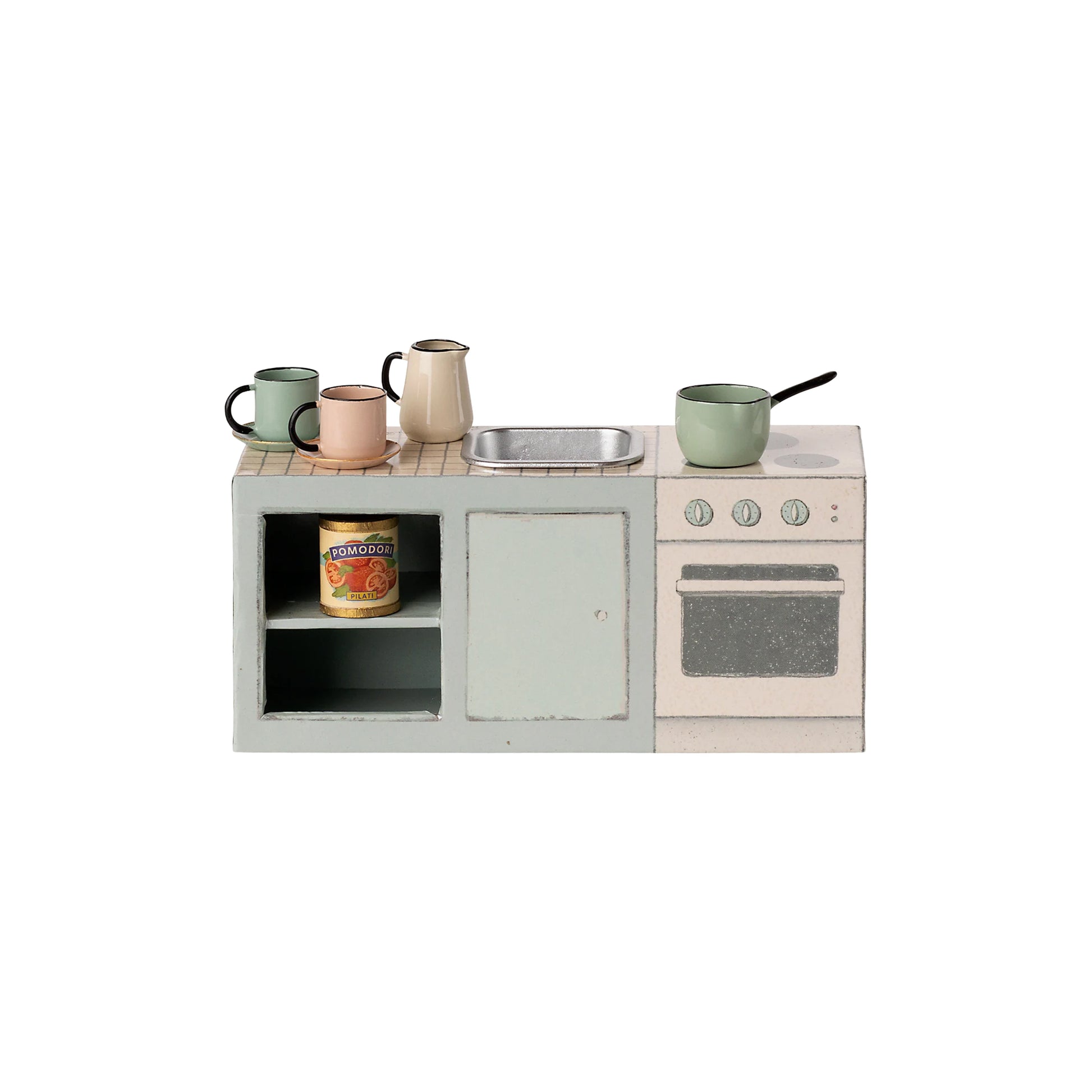 Children's play kitchen set with various utensils on a white background