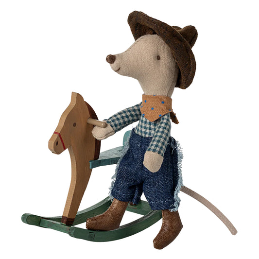 Maileg Little Brother Cowboy Mouse on Rocking Horse