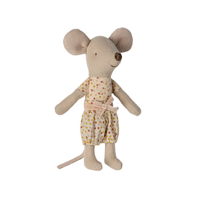 Stuffed mouse toy with a floral dress on a white background