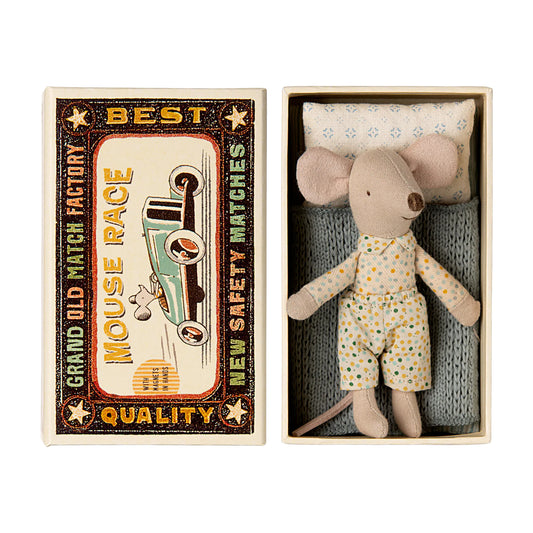 Stuffed mouse toy in a matchbox with a vintage-style matchbox design.