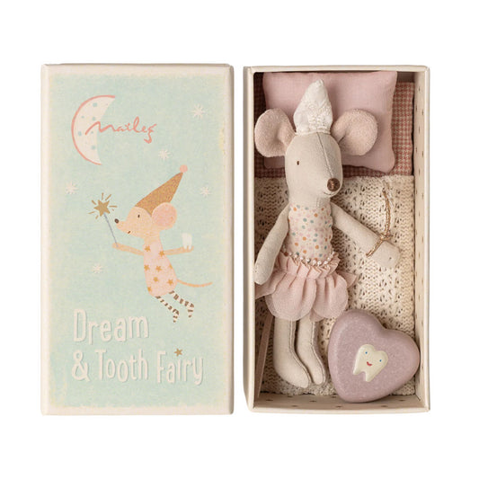 Maileg tooth fairy mouse little sister in matchbox bed
