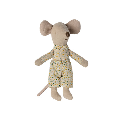 Stuffed mouse toy wearing a patterned outfit on a white background