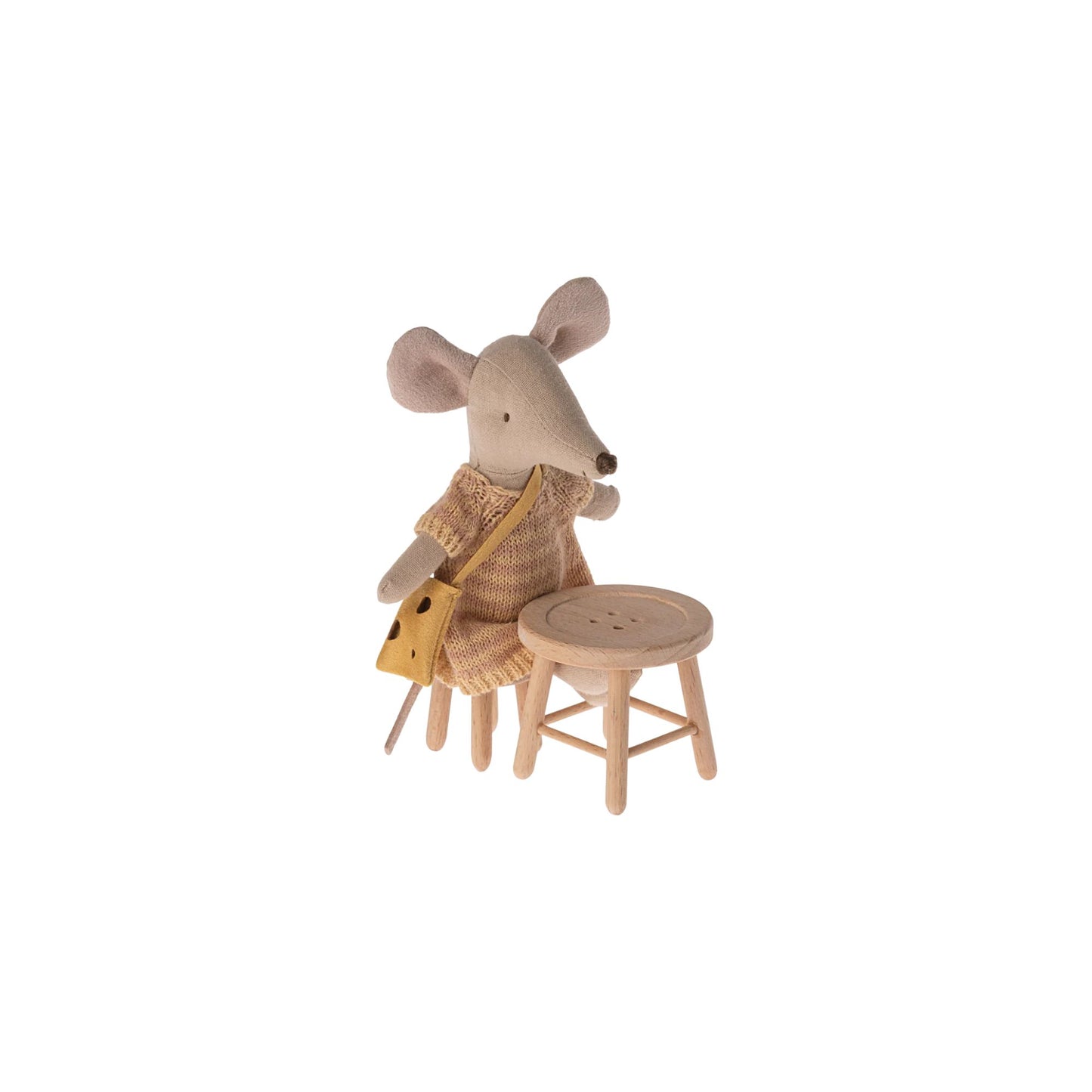 Button-inspired miniature table and stool for dollhouse play