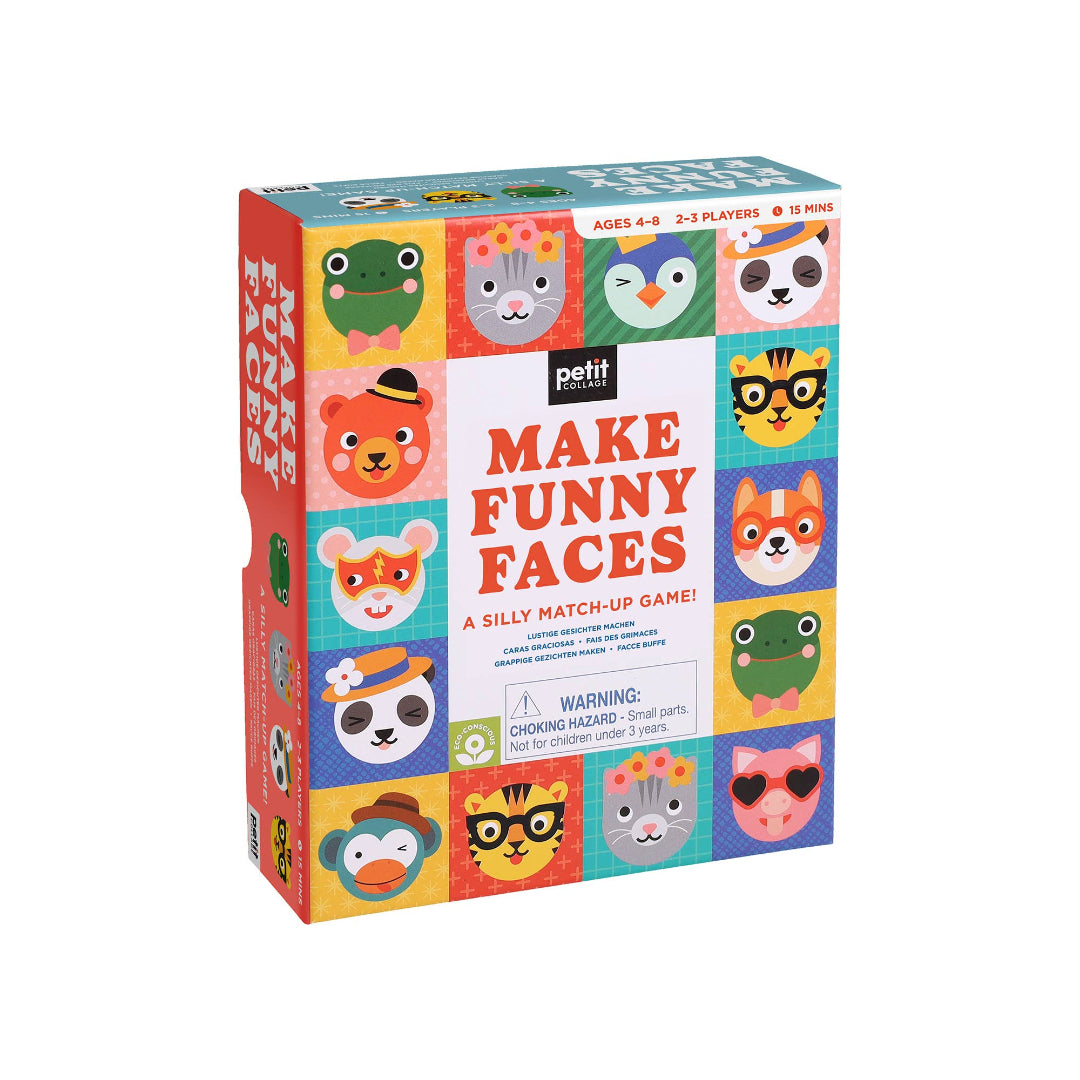 Board game box titled 'Make Funny Faces' with colorful animal faces on a white background