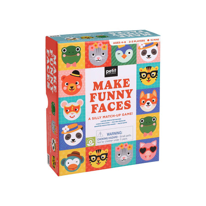 Board game box titled 'Make Funny Faces' with colorful animal faces on a white background