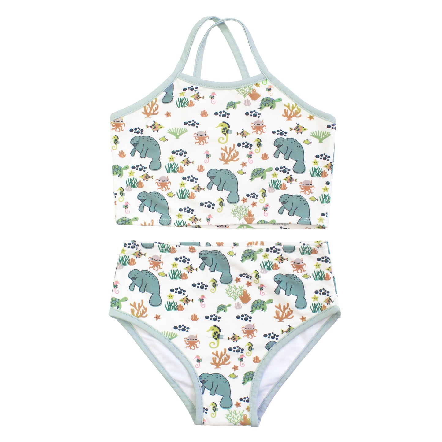 Two-piece swimsuit with manatee and coral pattern on a white background