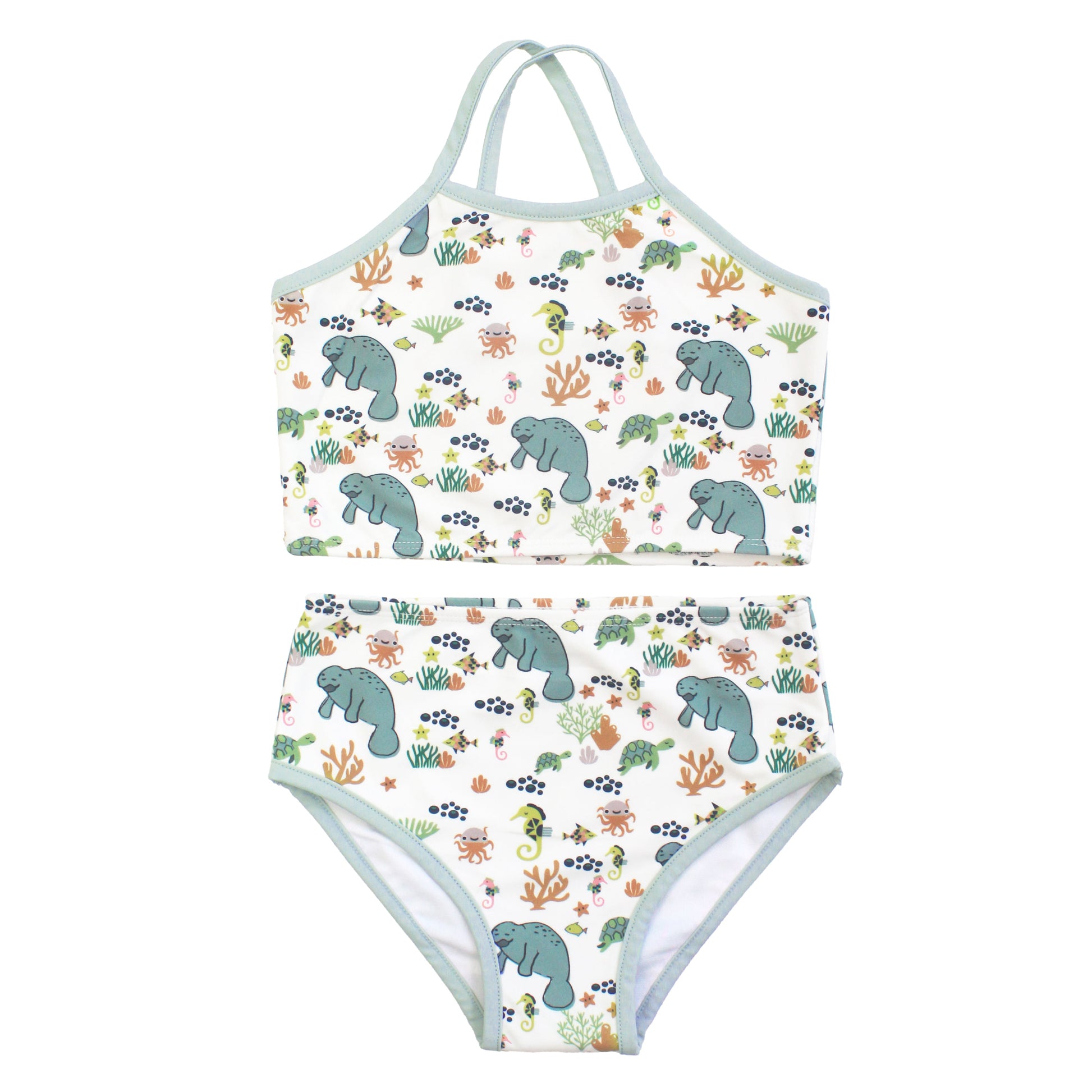 Two-piece swimsuit with manatee and coral pattern on a white background