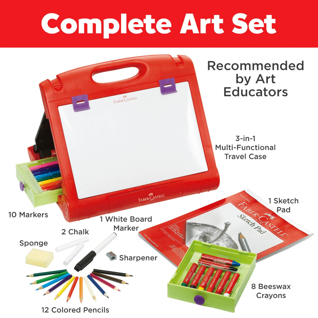 Faber-Castell complete art set with red carrying case, markers, pencils, and other supplies on a white background.