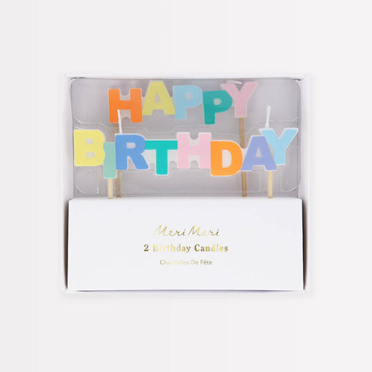 Set of colorful 'Happy Birthday' candles in a box