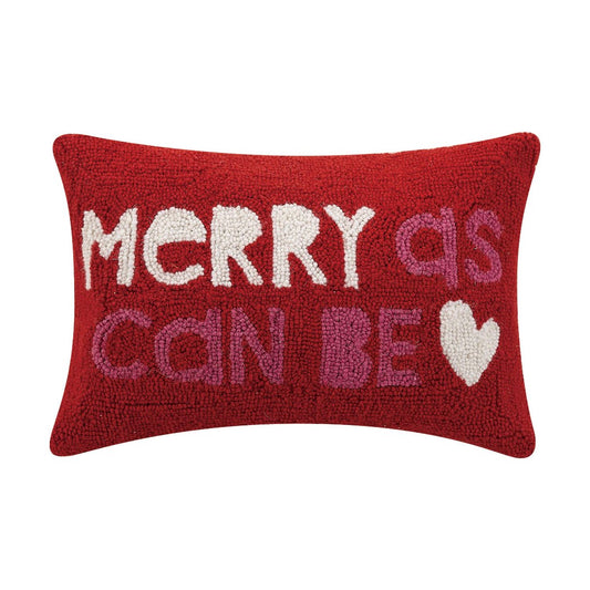 Red based throw pillow reads merry as can be