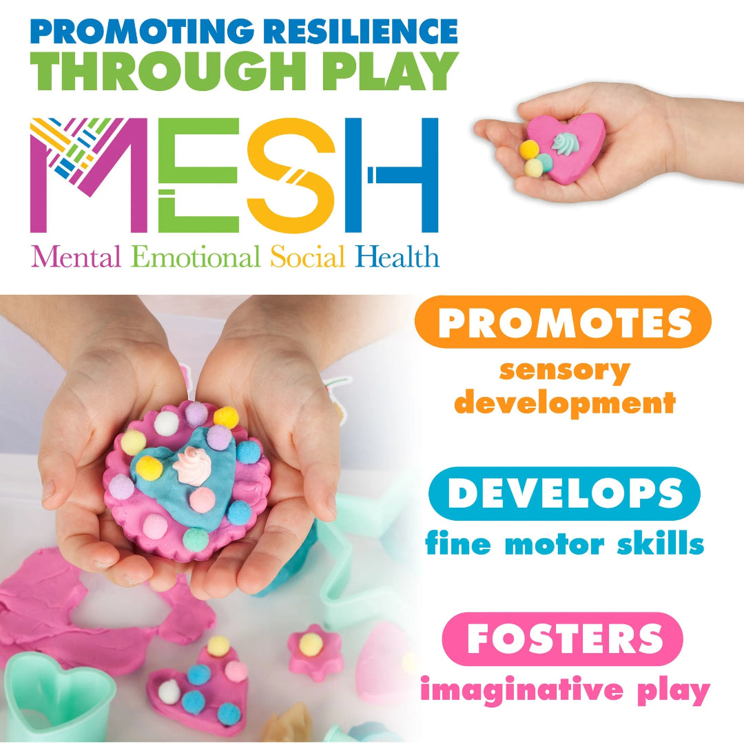 Promotional image for MESH (Mental Emotional Social Health) showing children playing with colorful play dough.