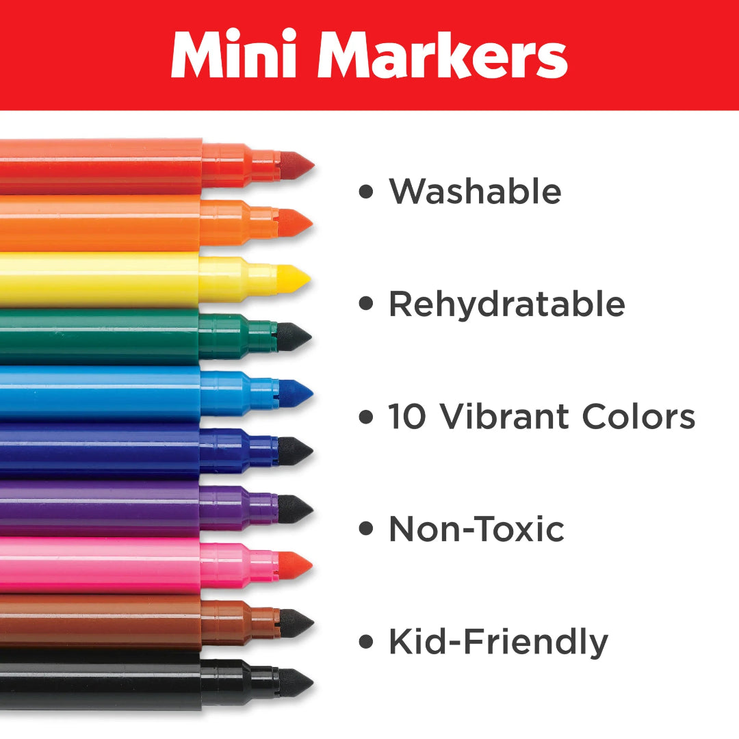 Mini markers in various colors with features listed on a red and white background