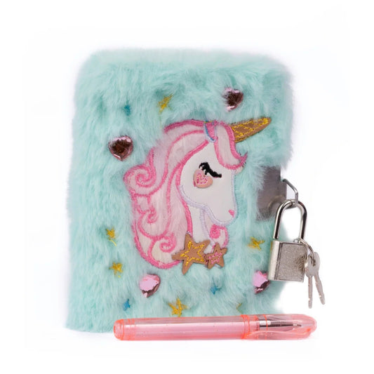 Fluffy minty blue notebook with unicorn design with a pen, and lock on from Great Pretenders