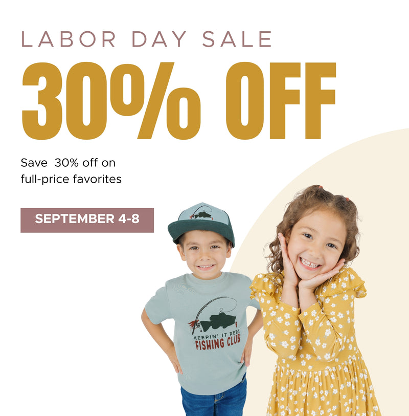 Labor Day Sale promotional graphic with large text reading '30% OFF' and 'Save 30% off on full-price favorites' plus dates 'SEPTEMBER 4-8'. 