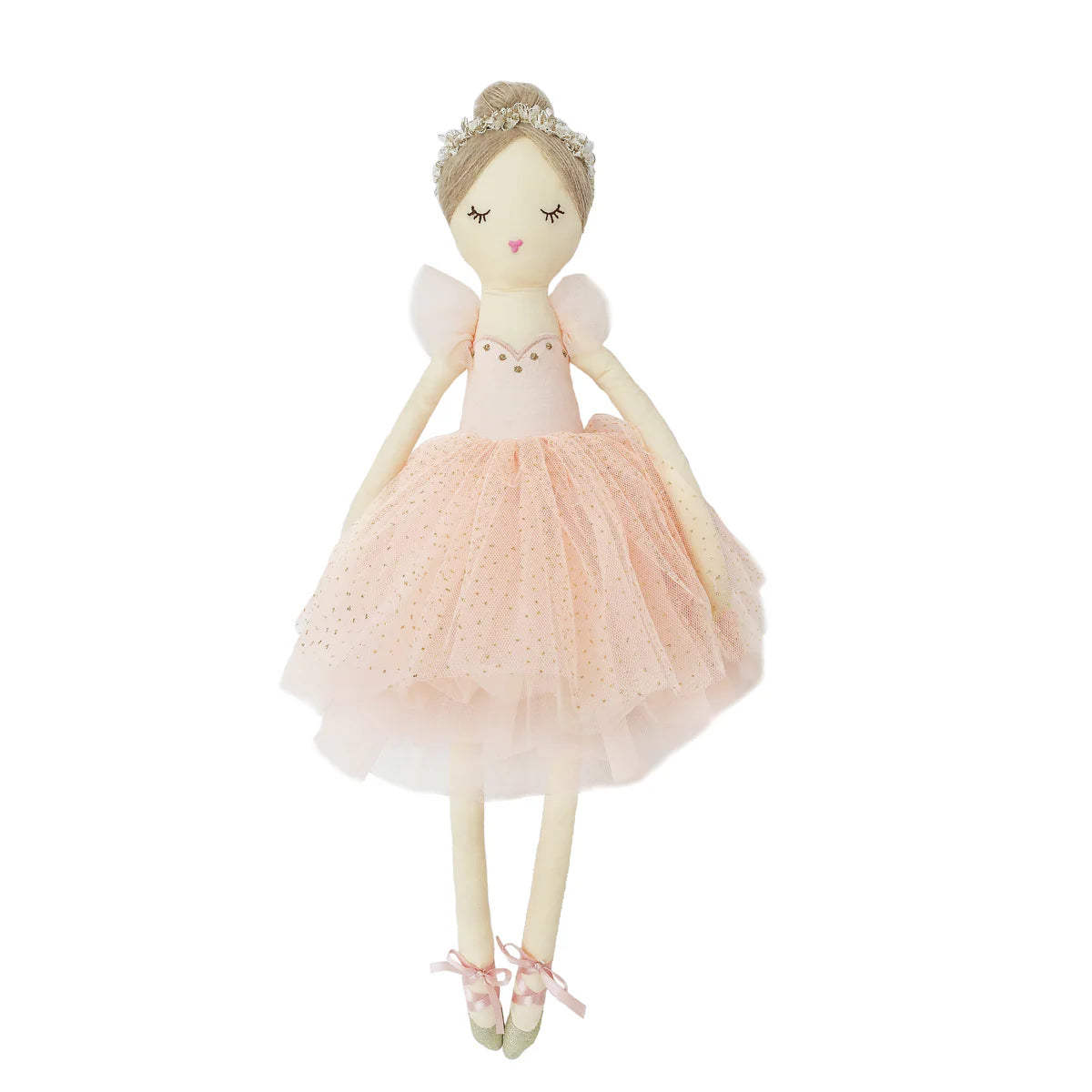 Doll with a pink dress and tiara on a white background