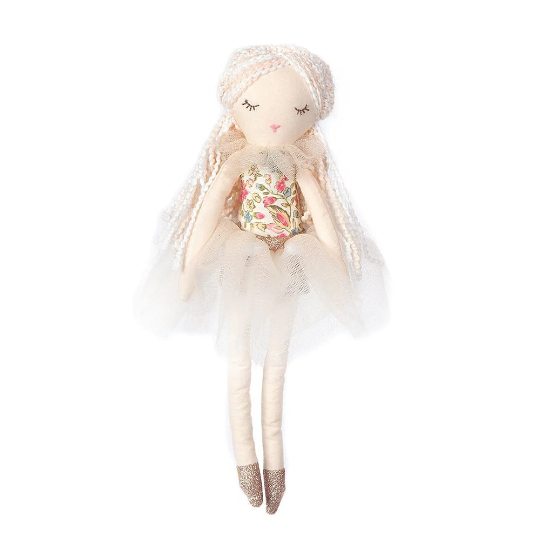 pretty stuffed doll with white hair and she is vanilla cake scented