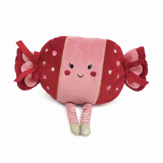 Plush pink and red candy toy with embroidered face, ribbons and striped legs