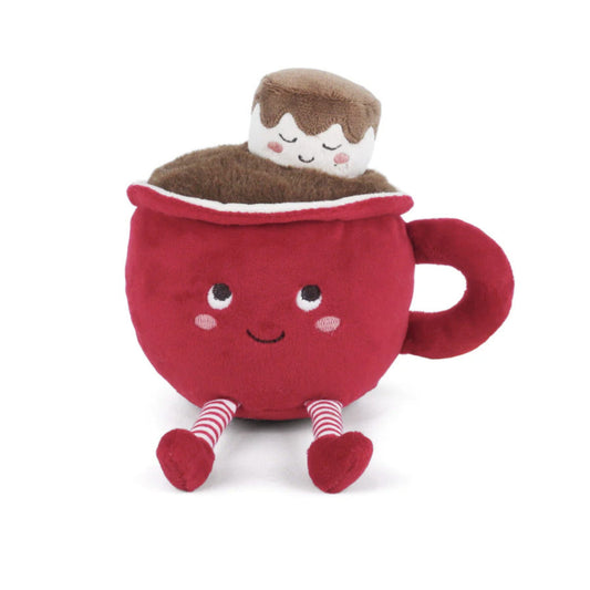 Cute plush hot chocolate mug stuffed toy with smiling face, red handle, striped legs, and soft marshmallow topper