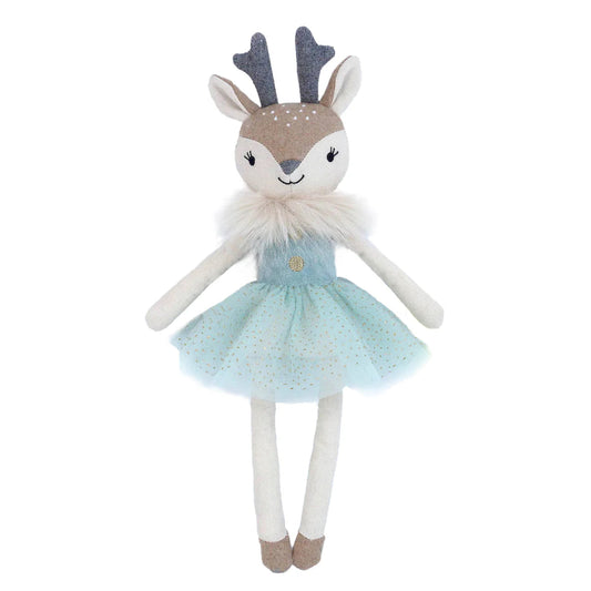 Stuffed deer toy with a blue dress on a white background