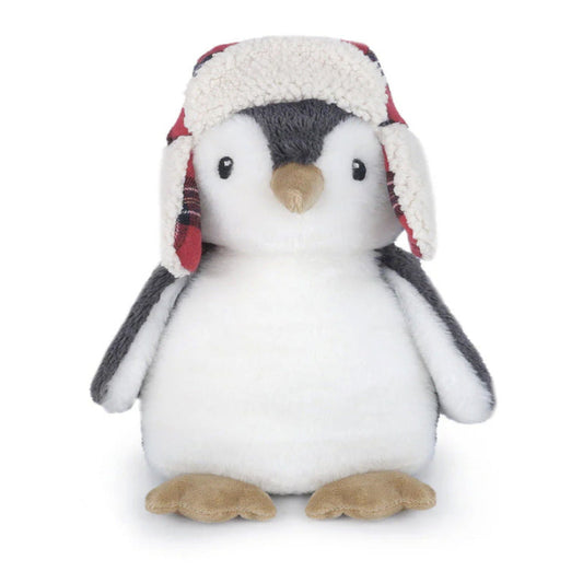 Plush penguin stuffed animal wearing red plaid winter trapper hat with sherpa lining
