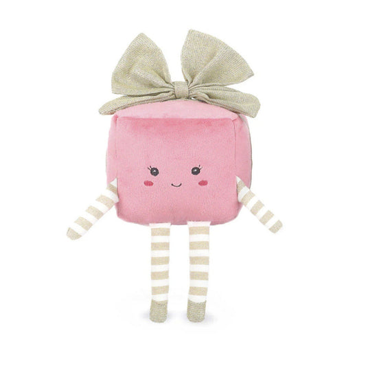 Plush pink present toy with embroidered face wearing a green bow with white and green striped arms and legs