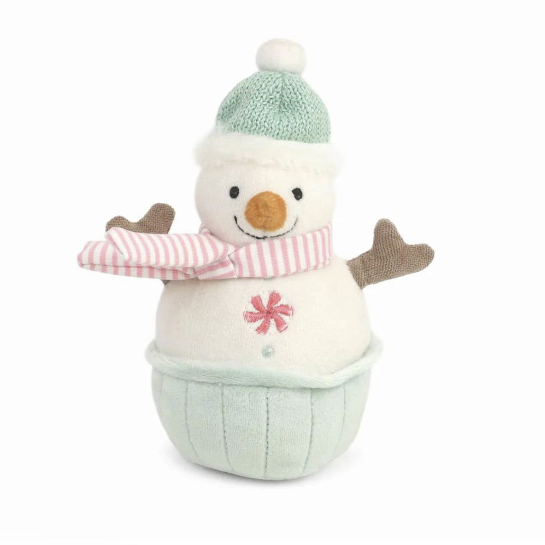 Plush snowman toy with mint green hat, pink striped scarf, and embroidered peppermint design