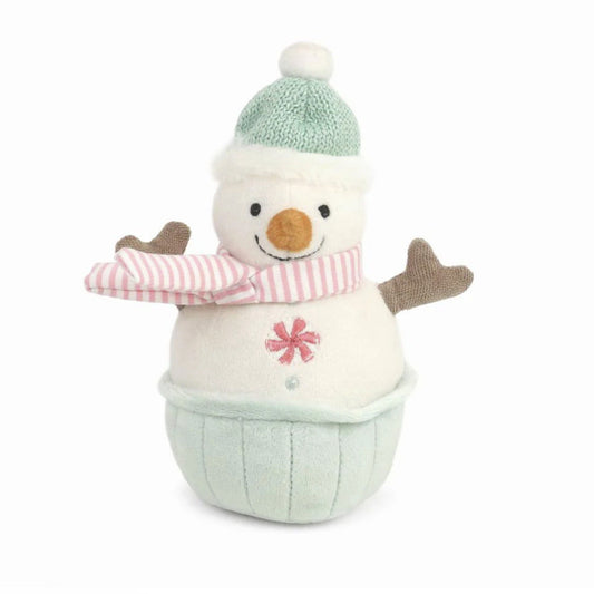 Plush snowman toy with mint green hat, pink striped scarf, and embroidered peppermint design