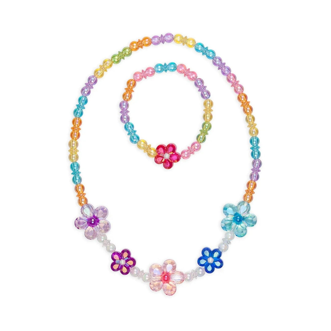 Brightly colored beaded necklace and bracelet set featuring flower beads from Great Pretenders