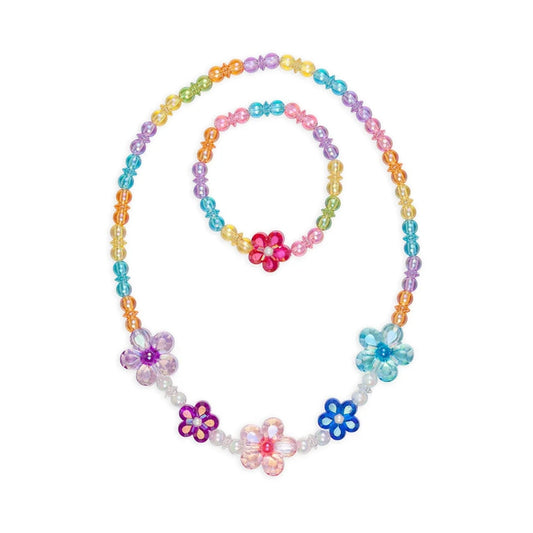 Brightly colored beaded necklace and bracelet set featuring flower beads from Great Pretenders