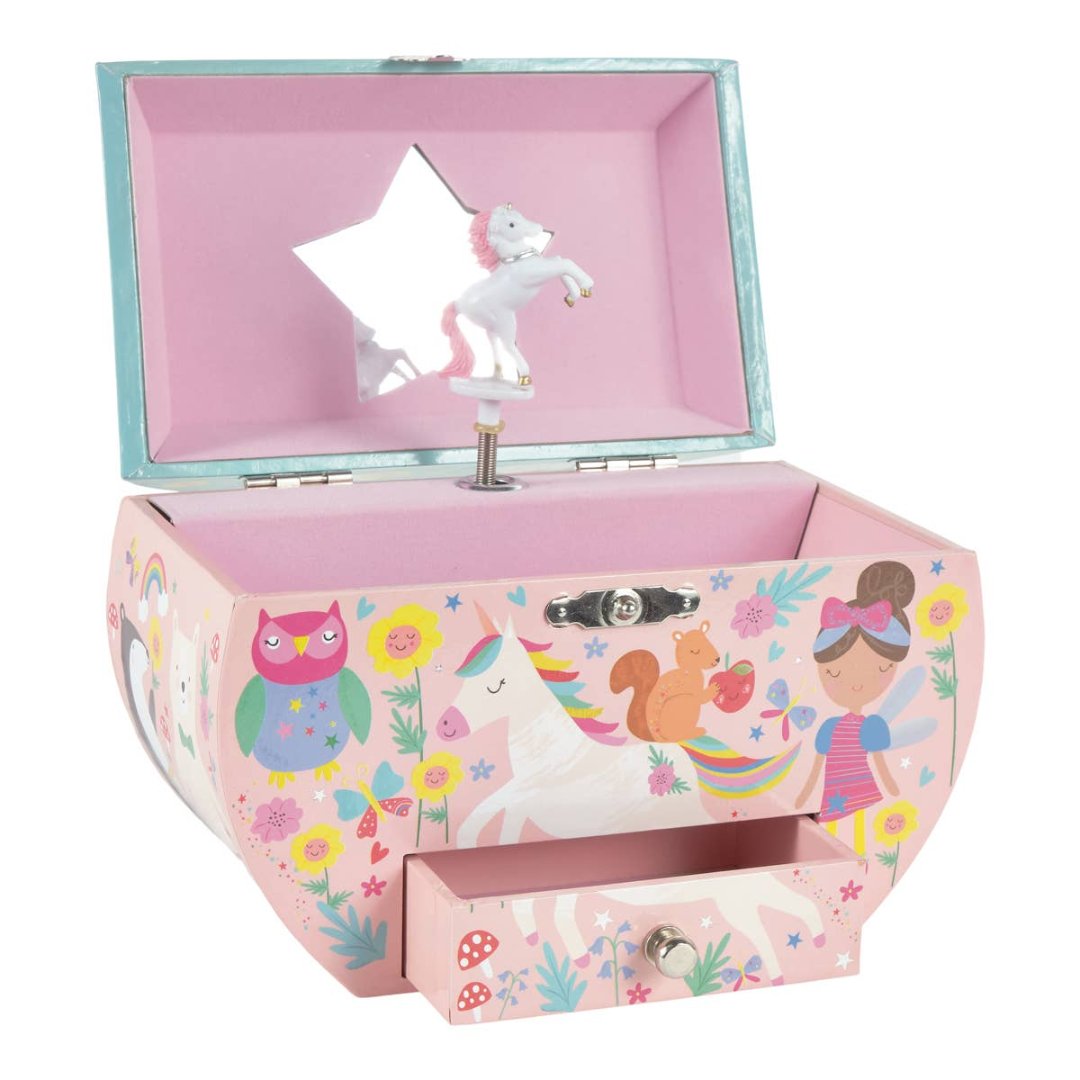 pink and blue jewelry box with unicorn in the middle