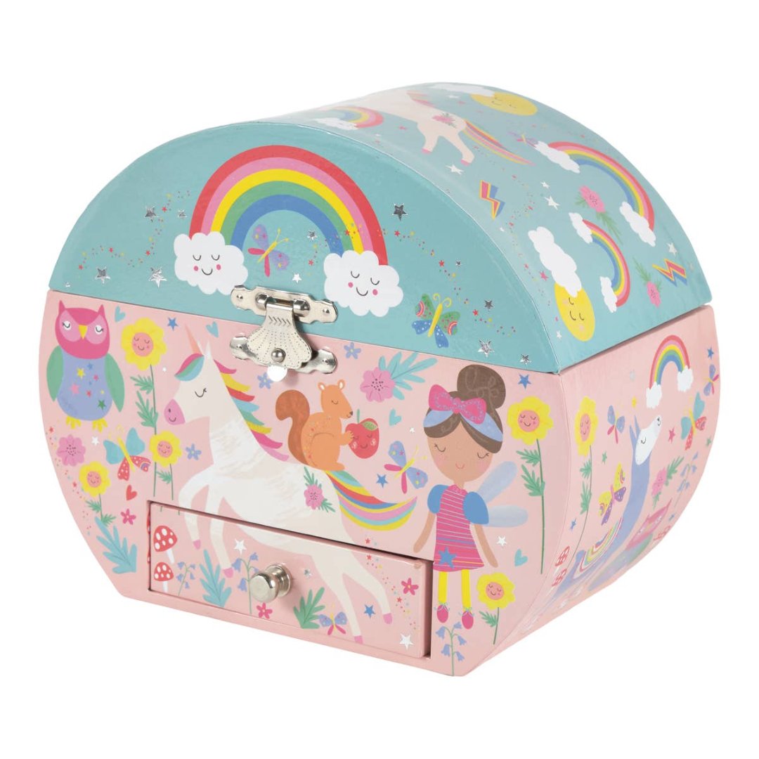 pink and blue jewelry box with unicorns and rainbows on it