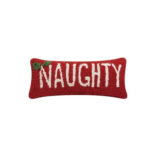 Small red pillow with the word naughty in white lettering