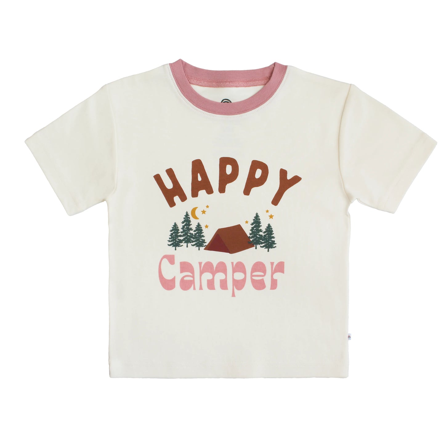 white tshirt with pink trim and camp graphic